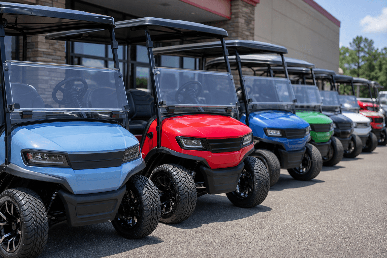 Golf carts on a dealer lot