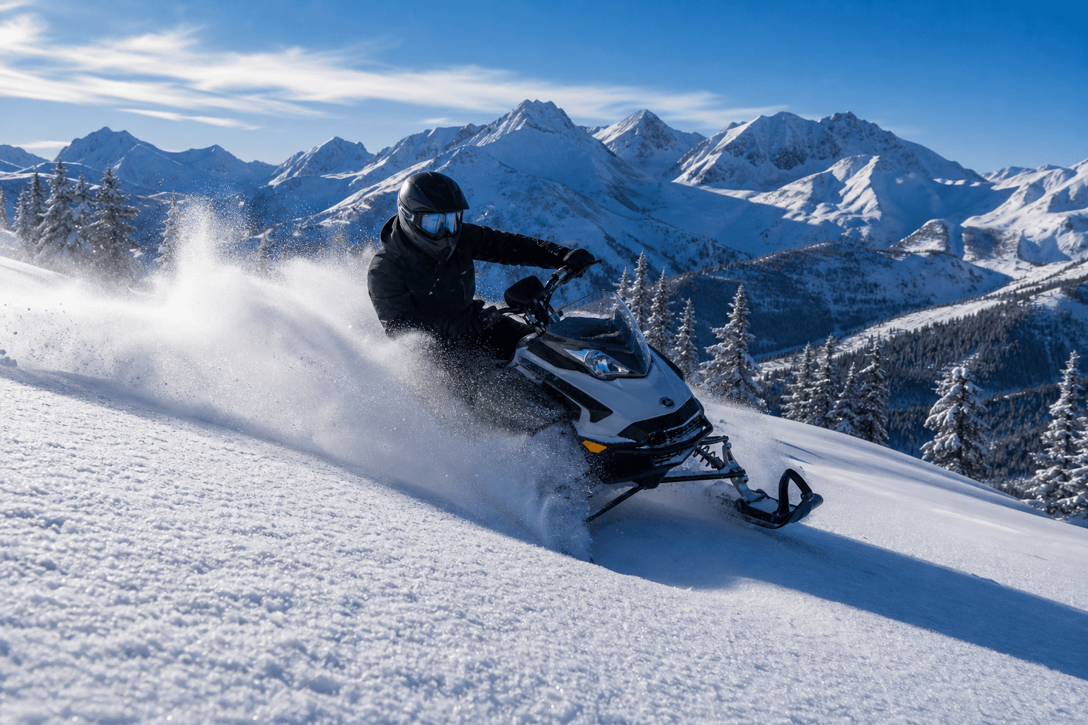 Snowmobile in alpine powder