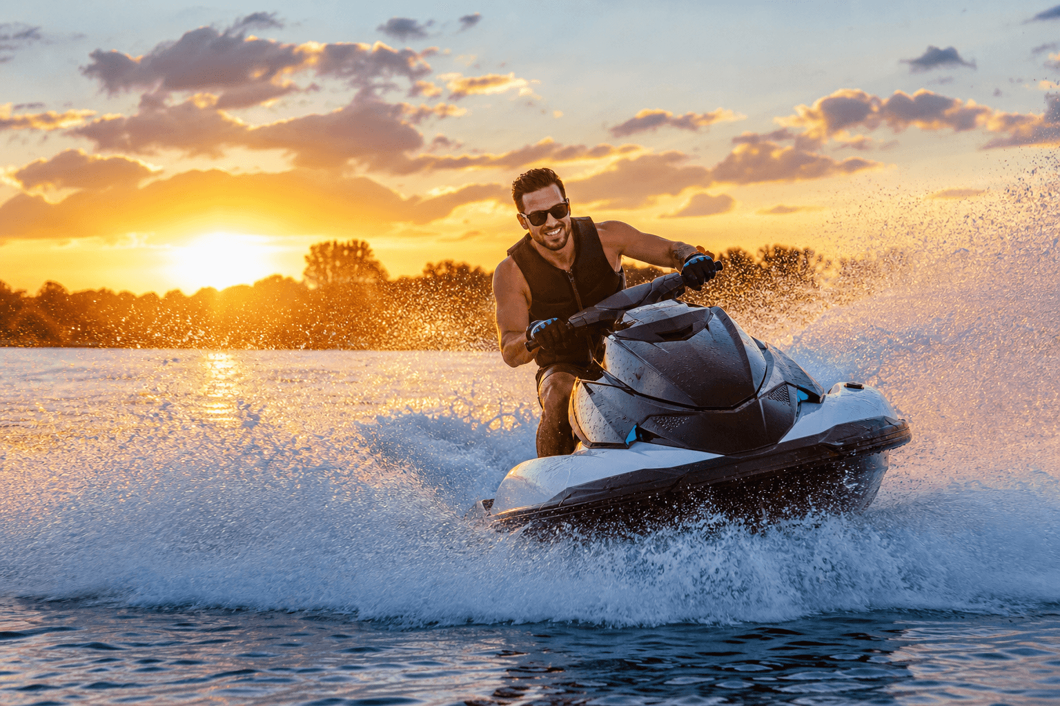 Jet ski on a lake at sunset